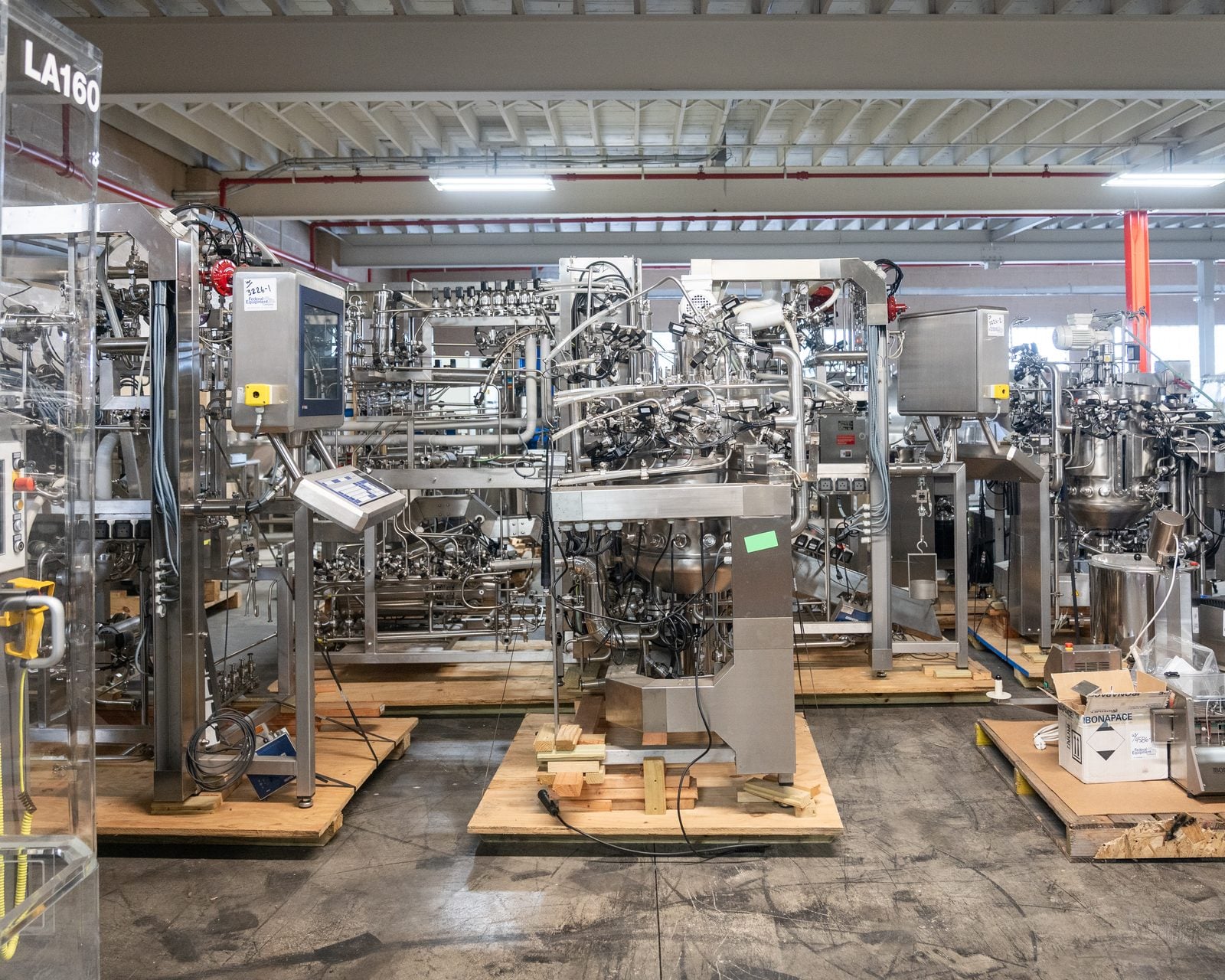 Process equipment skids on pallets at the Federal Equipment Company warehouse in Cleveland, OH